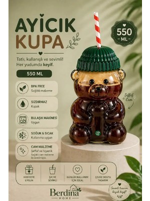 Rosemor Ayıcık Tasarım Cam Pipetli Soğuk İçecek Kahve Bardağı Yeşil Şapkalı Bear Bardak 550ml Barista