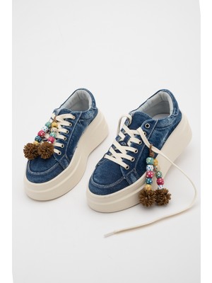 Marjin Kadın Sneaker Kalın Taban Denim Çıkarılabilir Boncuklu Tokalı Spor Ayakkabı Pevosa Lacivert Kot