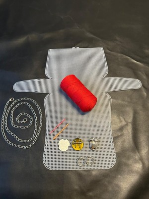 Büyük Plastik Kanvas Polyester Makrome Ipli Çanta Yapım Kiti Gümüş Renk Aksesuarlı Tam Set