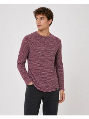 Pileli Store Erkek Dokulu Çizgili Uzun Kollu Tişört Oval Kesim - Bordo