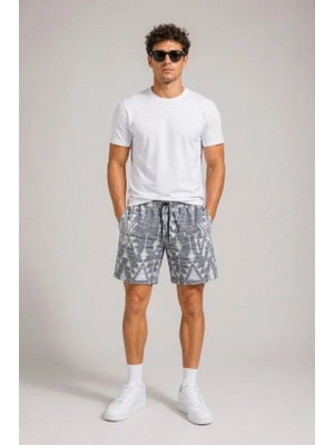 Pileli Store Erkek Desenli Dokuma Yazlık Şort Lastikli Bel Bağcıklı Rahat Kesim - Gri