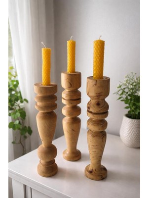 Özgürce El Yapımı Ahşap Şamdanlı Bal Mumu 3’lü Set, Zarif ve Şık Dekorasyon