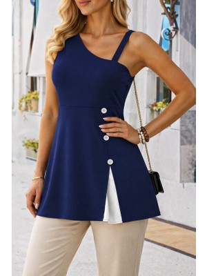 Pileli Store Kadın Tek Omuzdan Askılı Şerit Detaylı Düğmeli Viskon Bluz