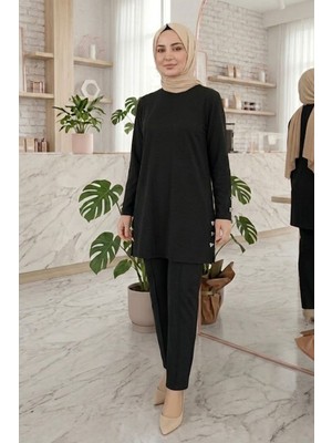 Evavi Kadın Siyah Modal Kumaş Tunik ve Pantolon Takımı