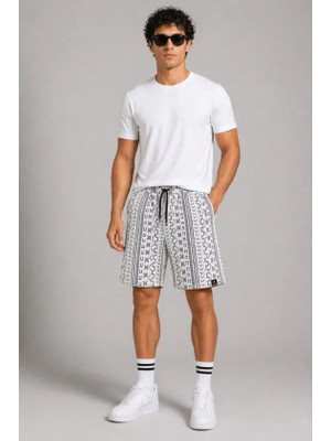 Pileli Store Erkek Etnik Desenli Dokuma Şort Lastikli Bağcıklı Bel Cepli Yazlık Rahat - Gri