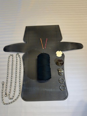 Büyük Plastik Kanvas Polyester Makrome Ipli Çanta Yapım Kiti Gümüş Renk Aksesuarlı Tam Set