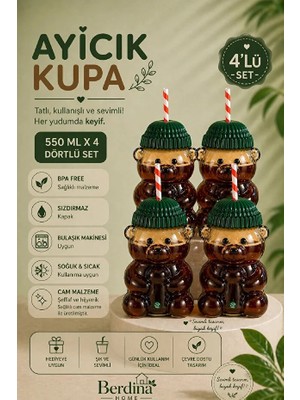 Rosemor 4lü Ayıcık Tasarım Cam Pipetli Soğuk İçecek Kahve Bardağı Yeşil Şapkalı Bear Bardak 550ml Barista