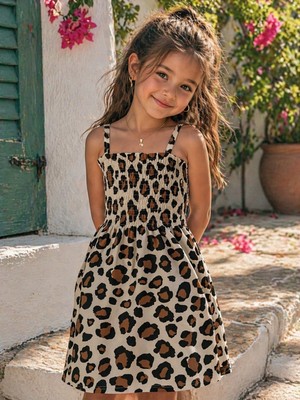 Lina Baby Bloomm Kız Çocuk Leopar Desenli Askılı Elbise Büzgülü Yazlık Elbise