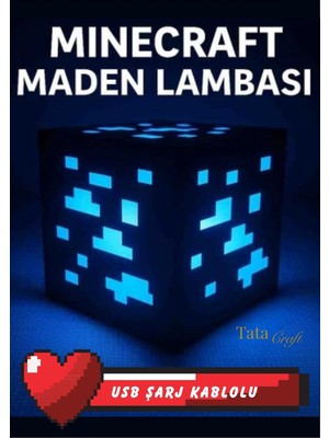 Özgürce Minecraft Temalı Maden Cevheri LED Lamba, USB Kablolu, Mavi Işıkli Dekorasyon