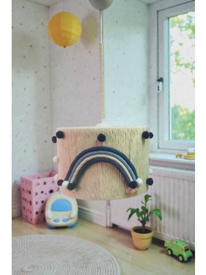 Özgürce Renkli Gökkuşağı Makrome Çocuk Odası Sarkıt Avize, Ponpon Detaylı