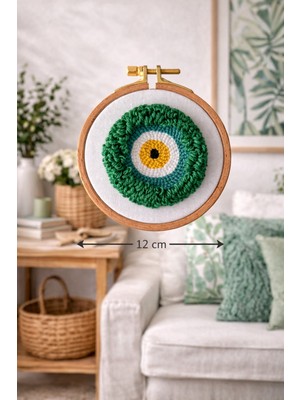 Özgürce Yeşil Nazar Boncuğu Punch Nakış Kasnak Duvar Dekoru, Şık ve Doğal Tasarım