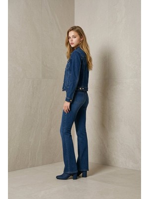 Hies Wide Leg Ispanyol Paça Likralı Esnek Kumaş Denim Jean Pantolon Koyu Mavi Renk