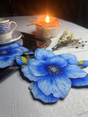 Minoza Mavi Anemon Çiçeği 3D Tasarım Baskı Lazer Kesimli Kokteyl & Sunum Peçetesi 6 Adet