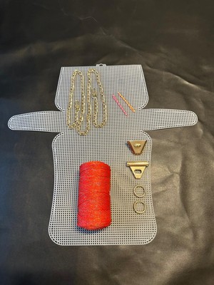 Orta Boy Plastik Kanvas Polyester Simli Makrome Ipli Çanta Yapım Kiti Üçgen Kilit Gold Renk Aksesuarlı