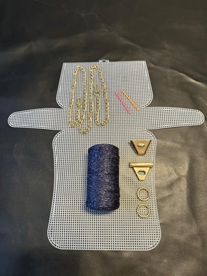Orta Boy Plastik Kanvas Polyester Simli Makrome Ipli Çanta Yapım Kiti Üçgen Kilit Gold Renk Aksesuarlı