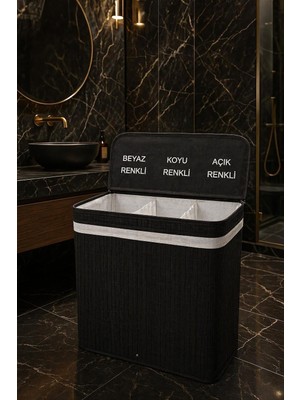 Lucky Clover Lüks Bambu 3 Bölmeli Çamaşır Kirli Sepeti 52X32X60CM Büyük Boy 100 Lt