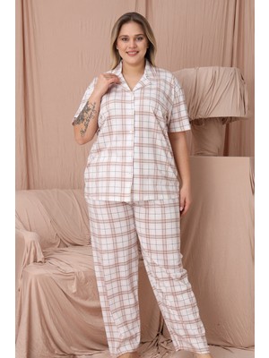 Wordex Mrn 4951 Kısa Kollu Süprem Kumaş Kareli Büyük Beden Düğmeli Kadın Pijama Takımı