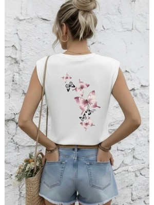 Nıgrum Pargus Kelebekler Sırt Baskılı %100 Pamuk Kolsuz  Yeni Tasarım Kadın Crop T-Shirt