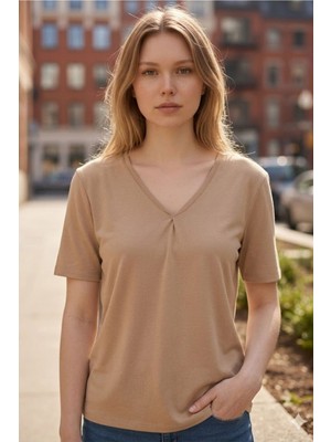 Evavi Kadın Bej V Yaka Kısa Kollu Bluz