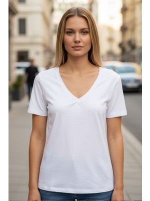 Evavi Kadın Beyaz V Yaka Kısa Kollu Bluz