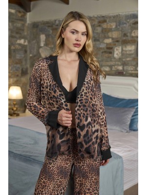 Ang Butik Aqua 26369 Gömlek Yaka Önden Düğmeli Leopar Desen Pijama Takımı