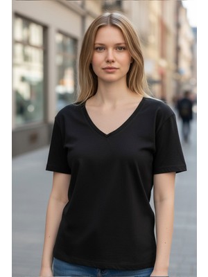 Evavi Kadın Siyah V Yaka Kısa Kollu Bluz