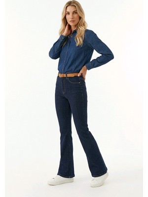 Hies Wide Leg Ispanyol Paça Likralı Esnek Kumaş Denim Jean Pantolon Koyu Lacivert Renk