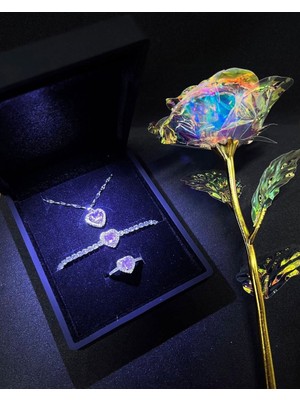 Sepetten Eve Kalpli Yüzük Bileklik ve Kolye Seti 3 Lü Çelik Işıklı Kutuda Anneler Günü İçin Şık Hediye