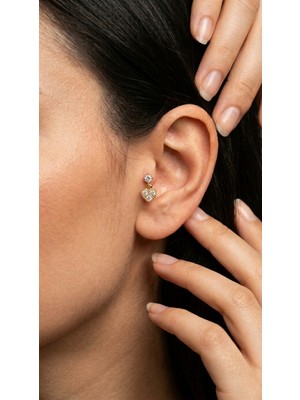 Dushico Parlak Taşlı Kalp Detay Tragus Helix Sallantılı Çelik Piercing