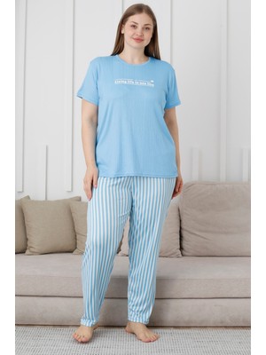 Wordex Mrn 3503 Çizgili Pijamalı Kısa Kollu Büyük Beden Pegasus Kumaş Kadın Pijama Takımı