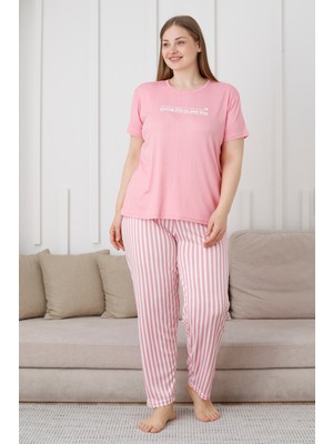 Wordex Mrn 3503 Çizgili Pijamalı Kısa Kollu Büyük Beden Pegasus Kumaş Kadın Pijama Takımı
