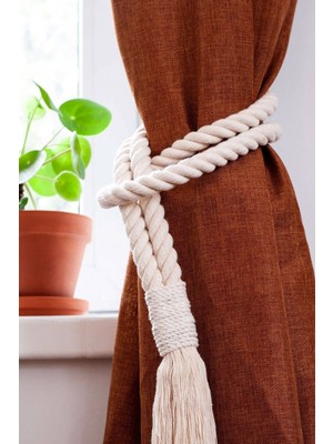Özgürce 2'li Ekru Bohem Halatlı Perde Süsü, Şık ve Doğal Dekorasyon Için
