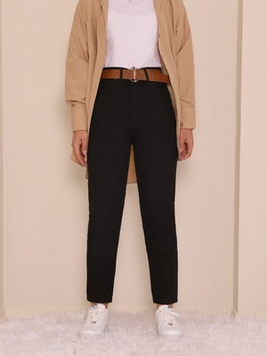 Moda Morfo Kemerli Kot Pantolon -Siyah