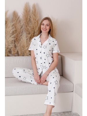 Wordex Mrn 6872 Kısa Kollu Yıldızlı Süprem Kumaş Düğmeli Kadın Pijama Takımı