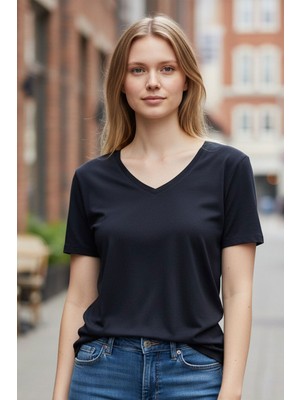 Evavi Kadın Lacivert V Yaka Kısa Kollu Bluz