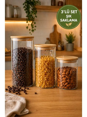 Medushop Bambu Kapaklı Borosilikat Cam Saklama Kavanozu 3'lü Set Mumluk Erzak Kahve Düzenleyici Dekoratif