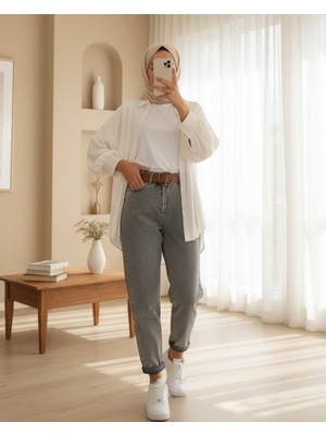 Moda Morfo Kemerli Kot Pantolon -Füme