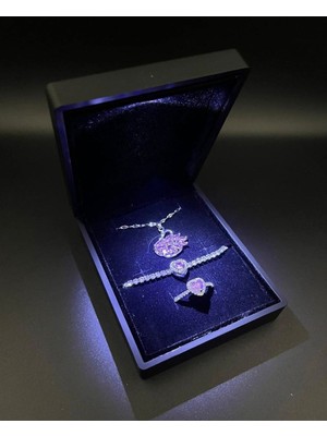 Sepetten Eve Işıklı Set Kutusunda Gerçek Çelik Kuğu Kolye Kalpli Yüzük Bileklik Sevgiliye Hediye