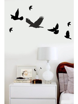 Özgürce Siyah Ahşap 7li Kuş Seti Duvar Dekoru, Lazer Kesim, 50X50CM Mdf Tablo