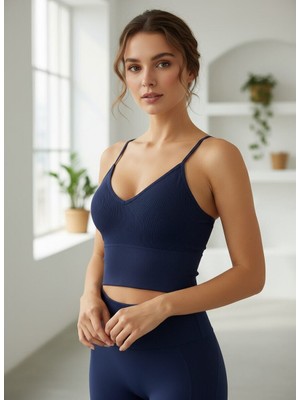 Kap Lacivert Fitilli Seamless Crop Top - Sportif ve Şık Tasarım