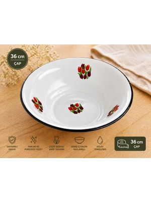 Alev Emaye Leğen 36 cm Büyük Boy – Sağlam, Kolay Temizlenir, Uzun Ömürlü Klasik Lale Desenli