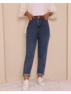 Moda Morfo Kemerli Kot Pantolon -Koyu Mavi