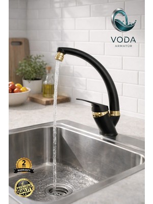 Voda Armatür Lüks Siyah Gold Çift Su Girişli Oynar Başlıklı Mutfak Bataryası (Açık Kol / Kuğu (Mix) Boru)