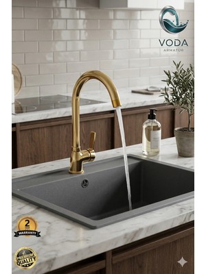 Voda Armatür Altın (Gold) Delta Kollu Mutfak Eviye Bataryası (Sıcak - Soğuk Uyumlu / Çift Su Girişli)