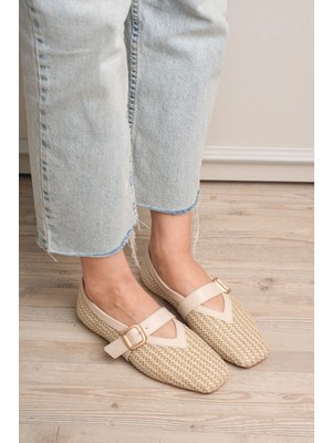 Kazax Ponti Bej Cilt Hasır Detaylı Babet Ayakkabı