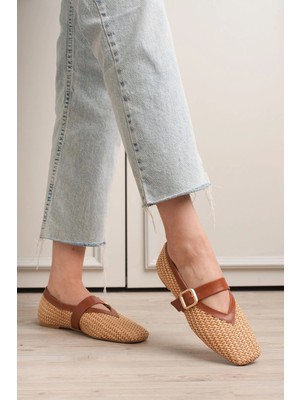 Kazax Ponti Taba Cilt Hasır Detaylı Babet Ayakkabı