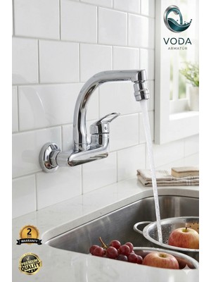 Voda Armatür Oynar Başlıklı Krom Balıksırtı Boru Duvardan Mutfak Eviye Bataryası (Yandan Aplik / Çift Su Girişli)