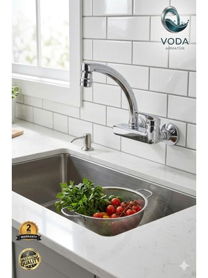 Voda Armatür Oynar Başlıklı Krom Kuğu (Mix) Boru Duvardan Mutfak Eviye Bataryası (Yandan Aplik / Çift Su Girişli)