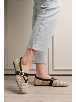 Kazax Ponti Siyah Cilt Hasır Detaylı Babet Ayakkabı