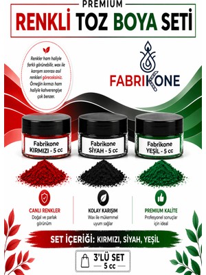Fabrikone 3'lü Set Premium Parafin Soya Wax Toz Mum Boyası Hobi Seti - 5 cc (Kırmızı, Siyah, Yeşil) BKFAB3KSY5G
